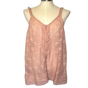 Hinge Button Front, Crochet Lace Cami Tank in Pink Size XL